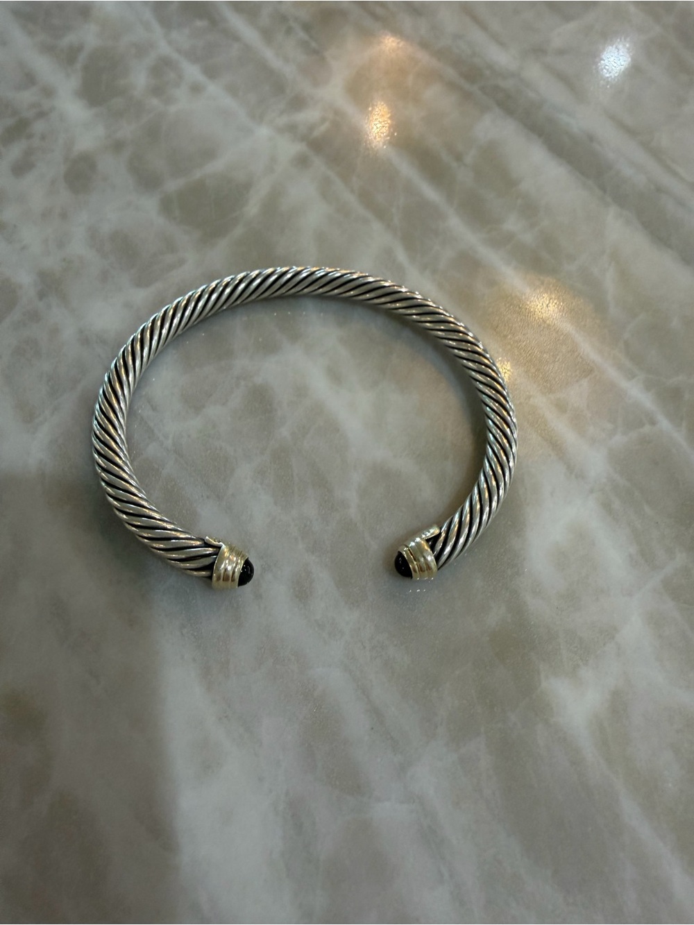 David Yurman silver twisted cable bracelet with 14k gold caps, cabuchon garnets